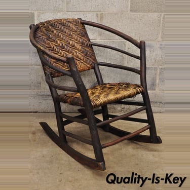 Vintage Adirondack Old Hickory Style Tree Branch Wood Frame Rattan Rocking Chair