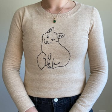 J Crew Womens Merino Wool Cotton Blend Fox Embroidered Crewneck Sweater Sz XXS 