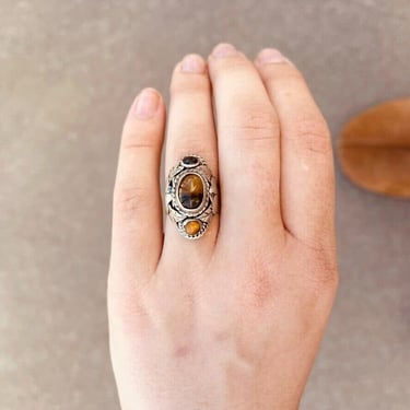 Vintage Handmade Native American Sterling Silver Tigers Eye Poison Box Ring 6.5 