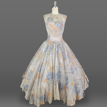 1950s Party Dress / 50s Organdy Dress with Blue Rose Print / 1950s Fit and Flare Dress / 1950s Cupcake Dress / Size Small 