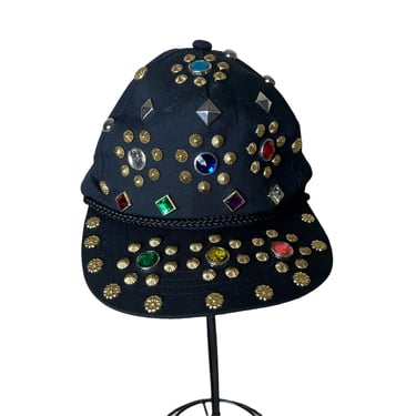 Vintage Yupoong 90's Bedazzled Rhinestone Jewel Studded Black Snapback Hat 