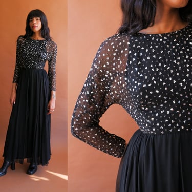 Vintage 60s Beaded Black Chiffon Gown/ size Small 