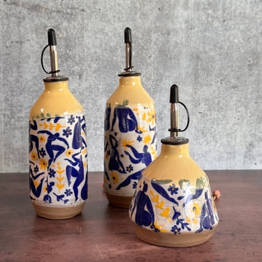 Limited addition Large Ceramic oil bottle, Matisse inspired dancing ladies yellow and blue 