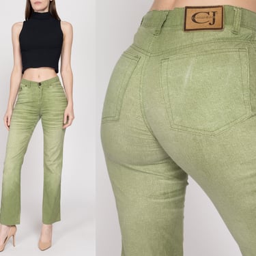 XS Y2K Cavalli Jeans Designer Green Denim Look Pants | Vintage 2000s Roberto Cavalli Mid Rise Straight Leg Lightweight Trousers 