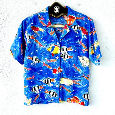 Vintage Hawaiian Fish Aloha Shirt // Hawaii Tropical Aquarium Coral Collared Top 