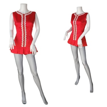 1960's Red Satin 2 Pc Majorette Costume I Sz Med I Burlesque Costume I Pin Up I Hot Shorts 
