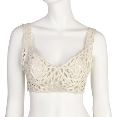 Valentino Vintage SS 1995 Off White Leather Embroidered Cut Out Bralette Top