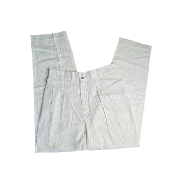 Vintage Women's David N Beige White Check Linen Rayon Blend High Waisted Trouser Pants, Size 10 