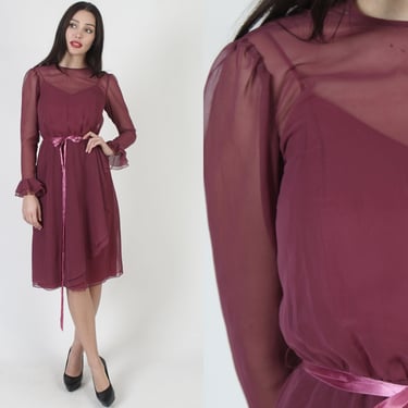 Sheer Burgundy Chiffon Midi Dress / 70s See Through Maroon Cocktail Outfit / Vintage Layered Disco Dress With Matching Waist Tie 