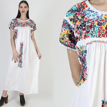 Traditional White Oaxacan Dress, Cotton Embroidered Mexican Caftan, San Antonio Puebla Sundress 