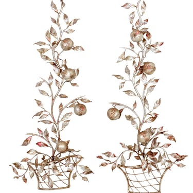 Pair of Vintage Silver Leaf Tole Wall Hanging Fruit and Floral Baskets