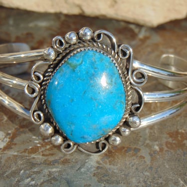 Vintage Native American Sterling Silver and Turquoise Wide Triple Split Band Cuff Bracelet - 47 Grams 