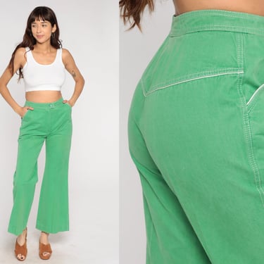 70s Green Bell Bottoms Retro Flared Trousers Western Pants High Rise Flares Boho Hippie High Waisted Seventies Vintage 1970s Small S 
