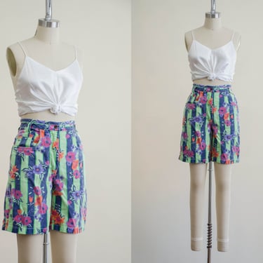 high waisted shorts | 80s vintage Kyoto Kasuals Hawaiian tropical floral lime green striped jean shorts 