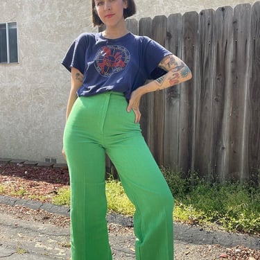 70s lime green high waisted pants, textured and lightweight 