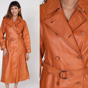 70s Leather Jacket Belted Trench Coat Long Button Up Burnt Orange Notched Collar Boho Hippie Jacket 1970s Women's Bohemian Seventies Small S 