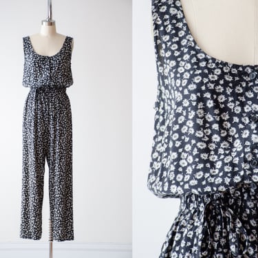 black floral jumpsuit | 90s vintage black white gray daisy pattern sleeveless cottagecore jumpsuit 