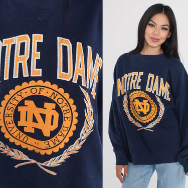 Notre Dame Sweatshirt 90s University Sweatshirt Retro College Athletics Sweater Fighting Irish Navy Blue Vintage 1990s Champion Mens XL 