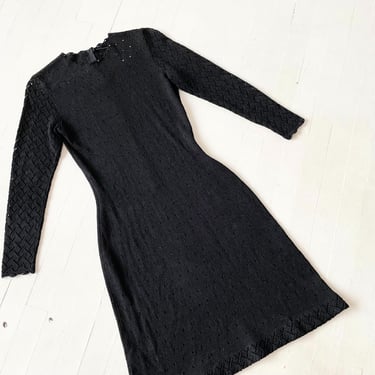 1970s Black Crochet Knit Dress 