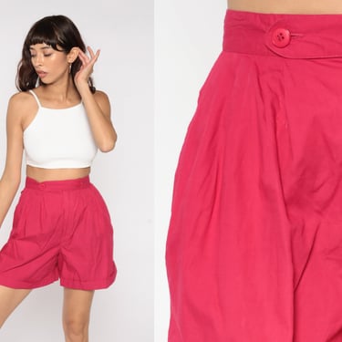 Deep Pink Pleated Shorts 80s High Waisted Shorts Mom Cotton PLEATED Trouser Shorts Colored 1980s High Waist Rise Vintage Small S 