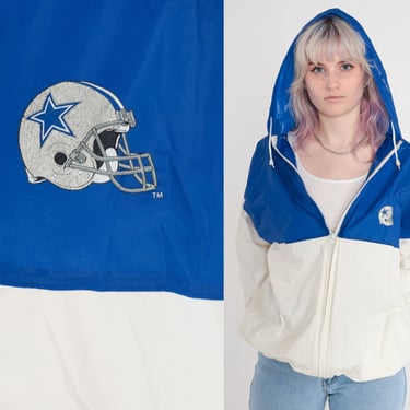 Dallas Cowboys Jacket 90s Football Hoodie Rain Jacket NFL Hooded PVC Raincoat Texas Blue White Color Block Vintage 1990s Extra Large xl 