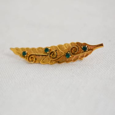 Vintage Gold Leaf and Green Rhinestone Brooch 