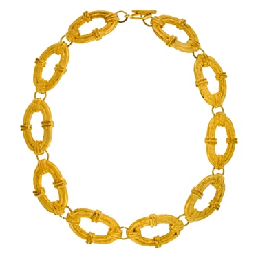 Pierre Cardin Vintage 1980s Artisanal Brushed Gold Textured Oval Link Chain Necklace