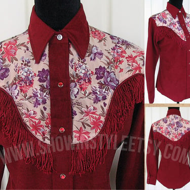 Miss Rodeo America Vintage Western Women's Cowgirl Shirt, Rodeo Blouse, Burgundy with Fringe, Approx. Size Small (see meas. photo) 