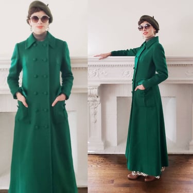 1960s Green Wool Maxi Coat Double Breasted / 60s Long Coat Bright Green Large Pockets Fitted / M / Lyla 