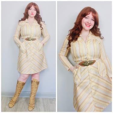 1970s Vintage Yellow Striped Poly Knit Dress / 70s / Seventies Fit and Flare Button Up Shirt Dress / Size Medium - Large 