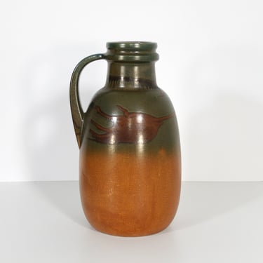 Tall Vintage Scheurich Keramik Painterly Fat Lava Ovoid Floor Vase Handle Melting Olive Green Orange Rusty Brown Retro Modernist Pitcher Jug 