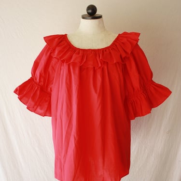 70s 80s Red Ruffled Western Squaredancing Blouse Plus Size One Size 