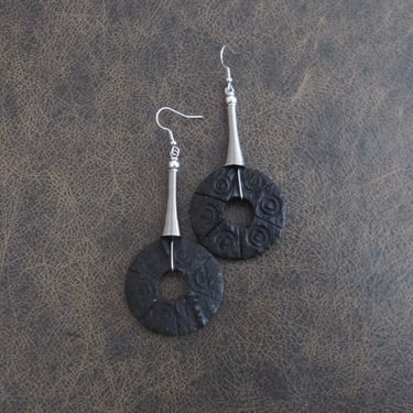 Oversized carved wood and silver earrings 