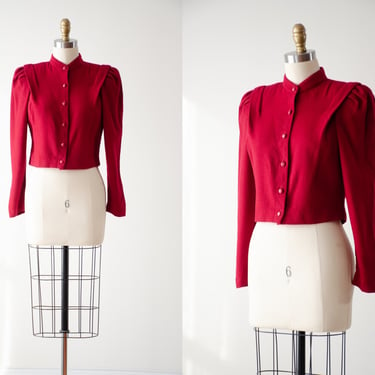 red wool jacket | 70s 80s vintage Ann Stevens dark red burgundy dark academia cropped blazer jacket 