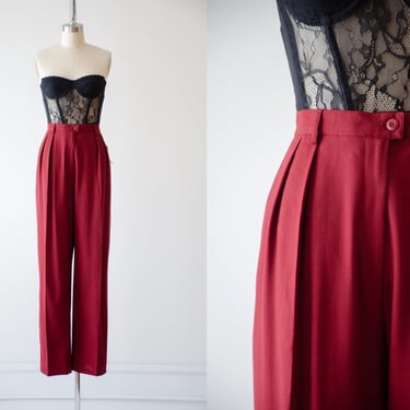 high waisted pants | 90s vintage Jones New York Country burgundy dark red wool dark academia style pleated straight leg trousers 