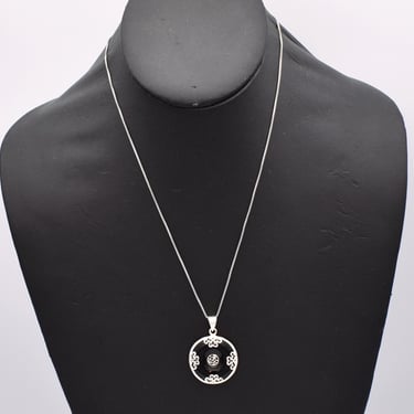 60's sterling clouds black onyx donut pendant, 925 silver & stone Chinese good fortune necklace 
