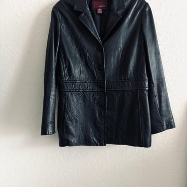 Vintage Merona Black Collared Button Front Genuine Leather Jacket Size Large 