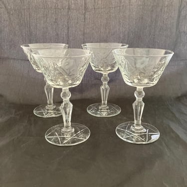 Set of 2 Mid Century Modern Floral Etched Crystal Cocktail Glasses, Rock Sharpe 3006, Art Deco Retro Coupe / Martini / Champagne Glasses 