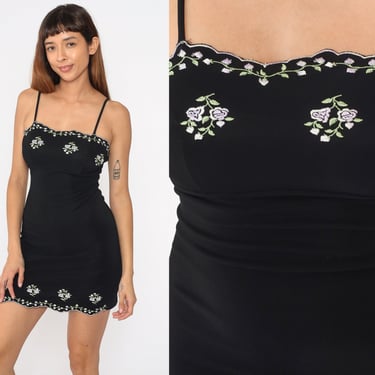 Black Floral Dress 90s Embroidered Party Mini Dress Bodycon Scalloped Going Out 1990s Spaghetti Strap Vintage Sexy Spandex Small S 