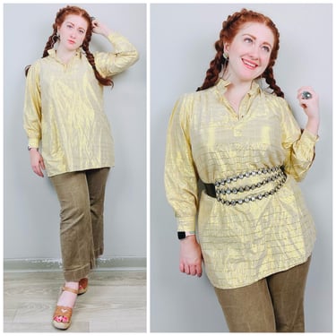 1970s Vintage Casual Crafts Gold Cotton Tunic / 70s / Seventies Long Sleeve Split Neck Plaid Metallic Shirt / Size Small - Large 