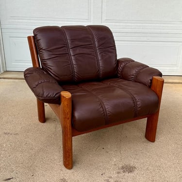 1970s Erkones Teak and Brown Leather Armchair - Free Shipping 