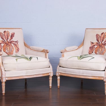 French Louis XVI Style Cerused Bergere Armchairs W/ Floral Fabric - A Pair 