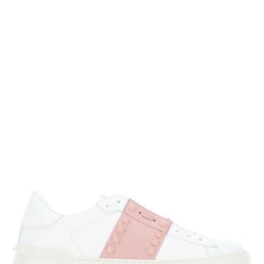 Valentino Garavani Woman White Leather Rockstud Untitled Sneakers With Powder Pink Band