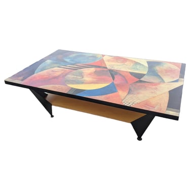 COMING SOON - Vintage Postmodern Lacquered Coffee Table With Richard Hall Artwork Top