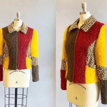 1990's Color Block Mohair Jacket by Dolores Unique Designs / Mohair and Velvet Animal Print Jacket/ Size Medium 