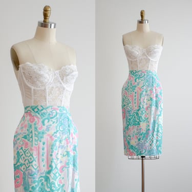 mint green skirt 80s vintage white pink abstract floral pencil skirt 