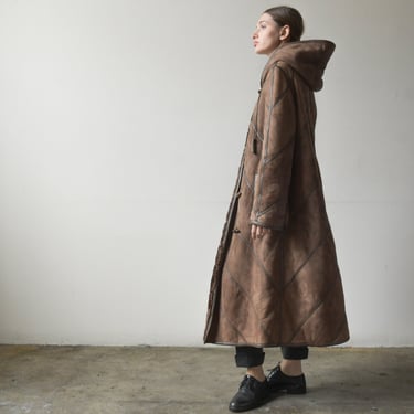 3278o / brown hooded suede shearling coat 