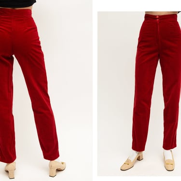 Vintage 1970s 70s Crimson Red Velveteen Corduroy High Waisted Slim Fit Pants Trousers Slacks 