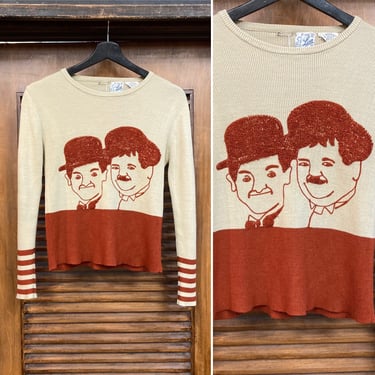 Vintage 1960’s Laurel and Hardy Pop Art Mod Picture Sweater, 60’s Fitted Sweater, Vintage Mod Top, Vintage Clothing 