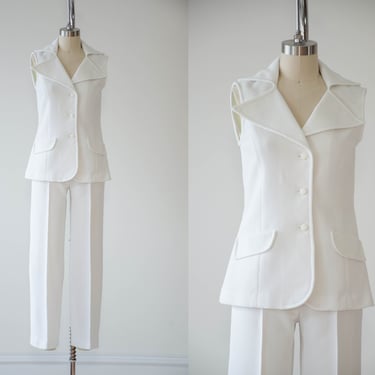 white vintage suit | 60s 70s waffle knit high waisted straight leg pants vest suit 